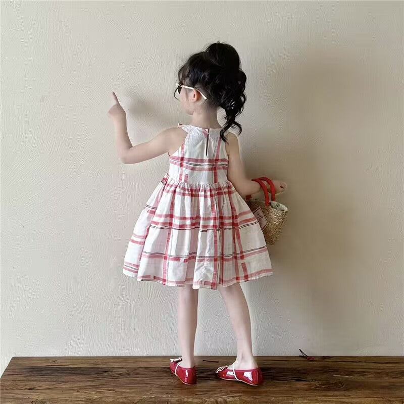 Cute Checkered Strapless Princess Dress for Girls Summer Casual Dress