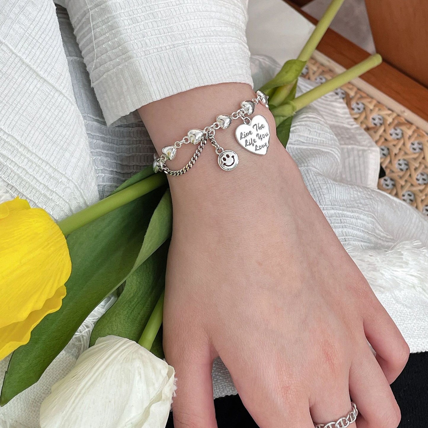 S925 Sterling Silver Small Love Bracelet Women's Light Luxury Style Summer New Smiley Face Jewelry