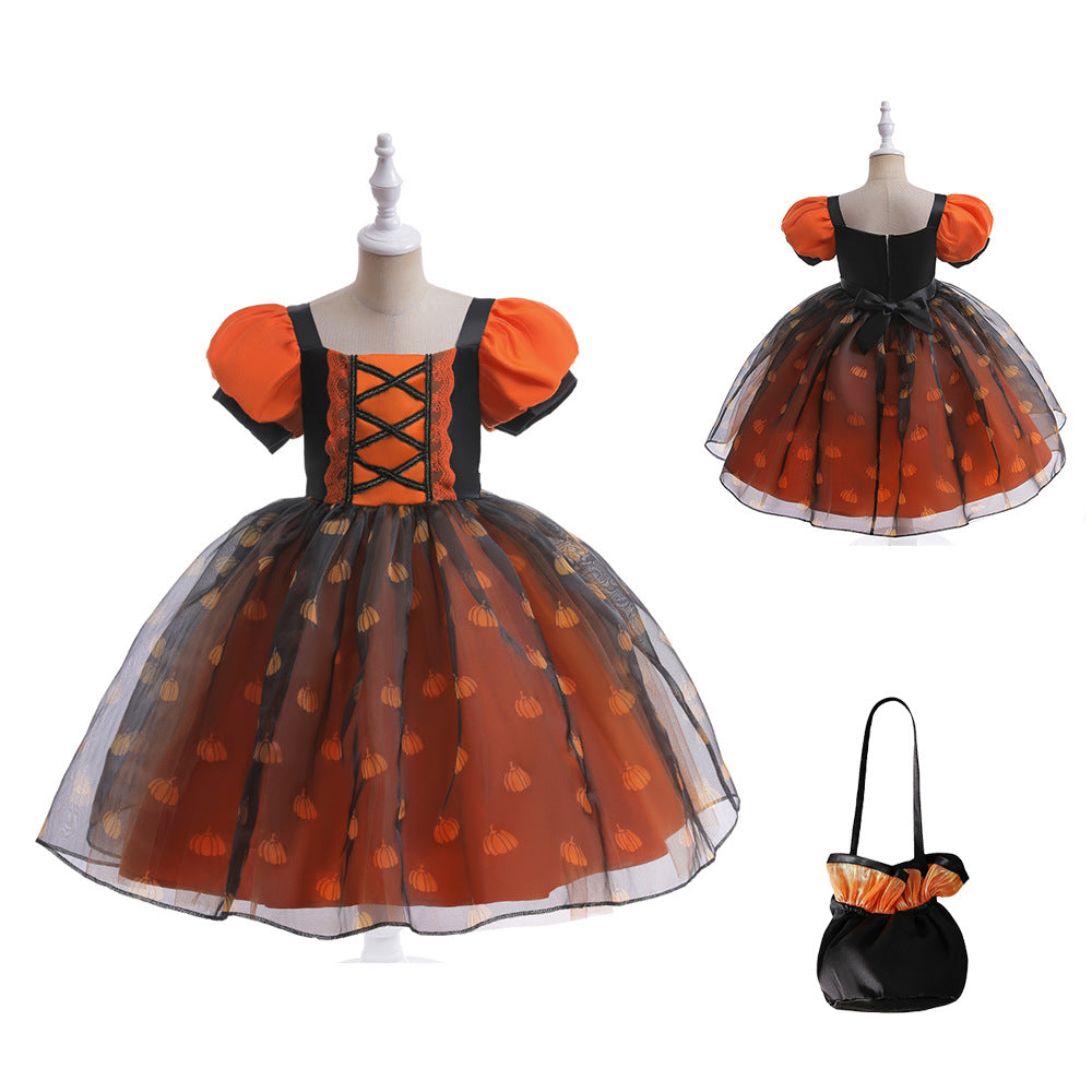 Halloween Costume for Girls Cosplay Performance Dress with Puff Sleeves and Tulle Skirt