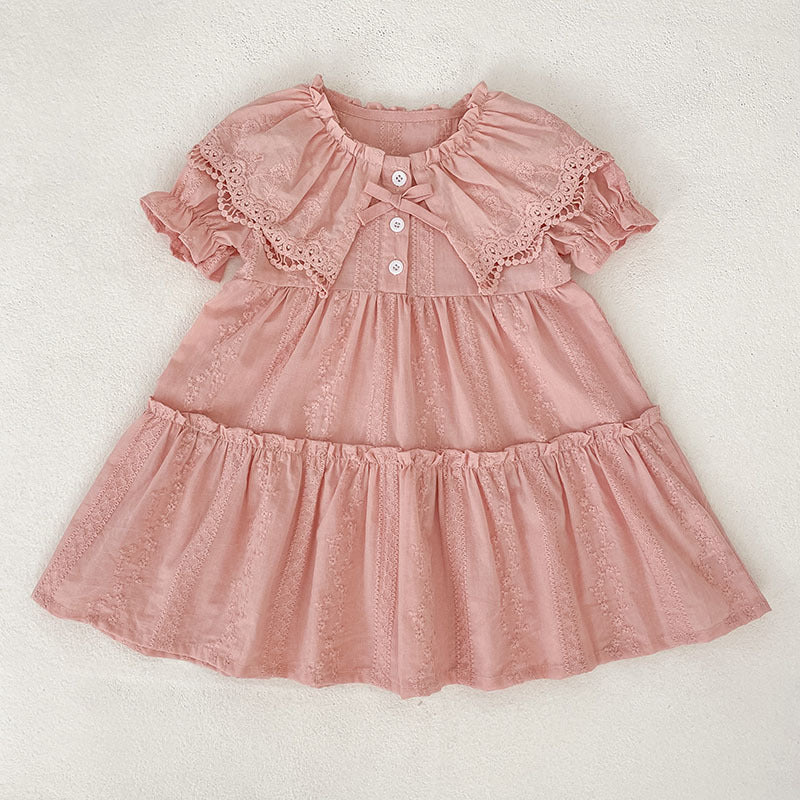 Girls' dress with lace doll collar and short sleeves