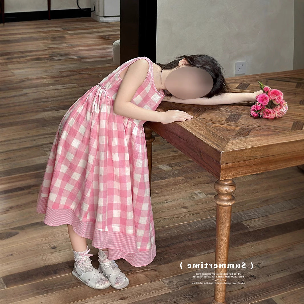 Cute Girls' Summer Casual Pink Checkered Sleeveless Vest