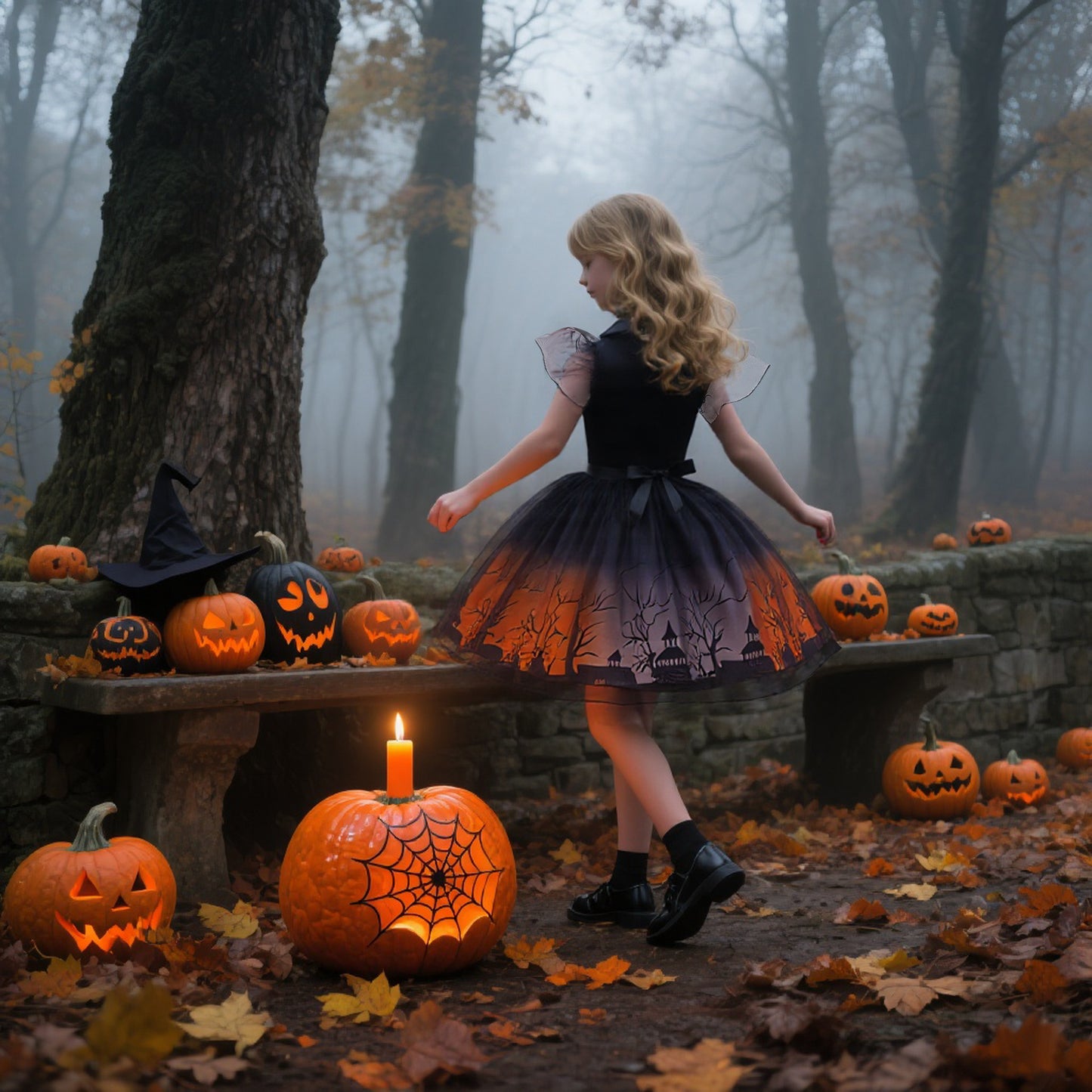 Girls' Halloween Cosplay Printed Dress Tulle Puff Dress