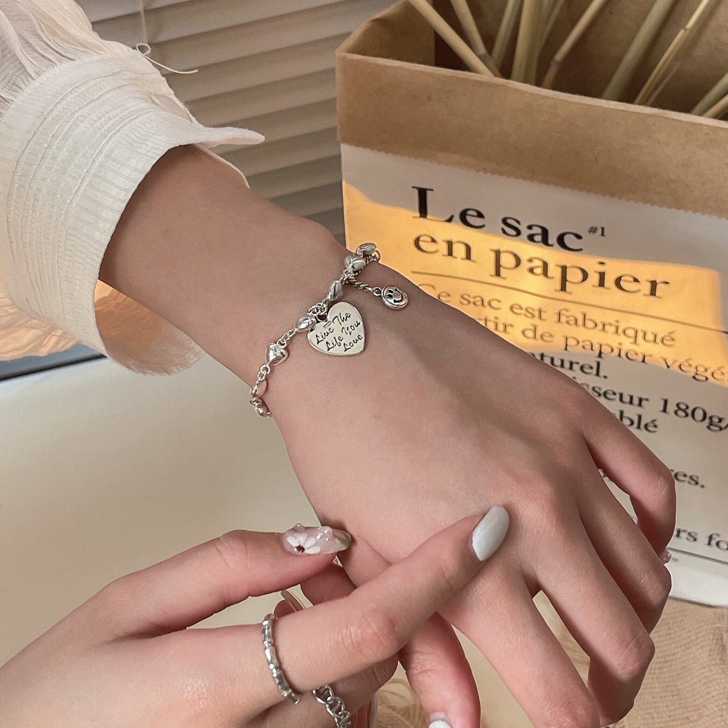S925 Sterling Silver Small Love Bracelet Women's Light Luxury Style Summer New Smiley Face Jewelry