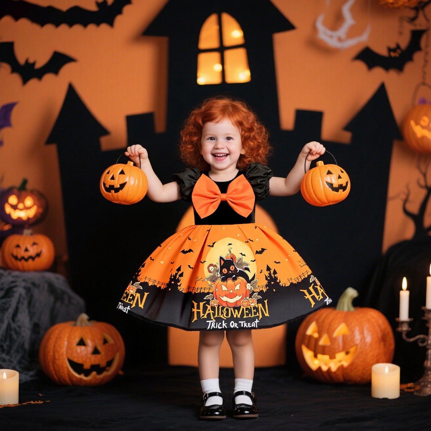 Fancy Halloween Girls' Dress Satin Printed Children's Dress