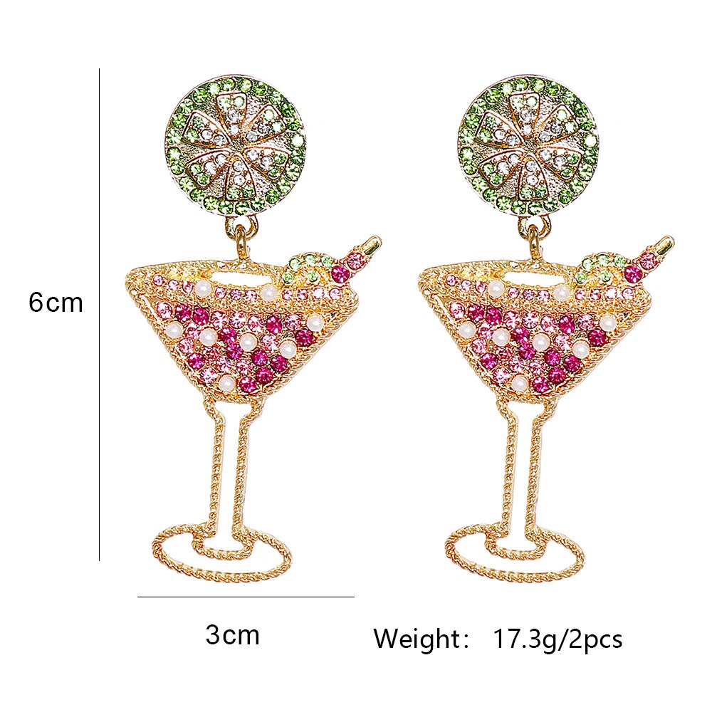 New Lemon Wine Glass Inlaid Pearl Earrings Simple Fashion Cocktail Rhinestone Earrings Jewelry Accessories for Women Trend