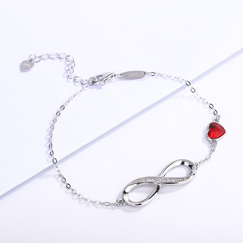 S925 Sterling Silver European and American Style 8 Character Infinity Bracelet Heart Shaped Crystal Stone Jewelry