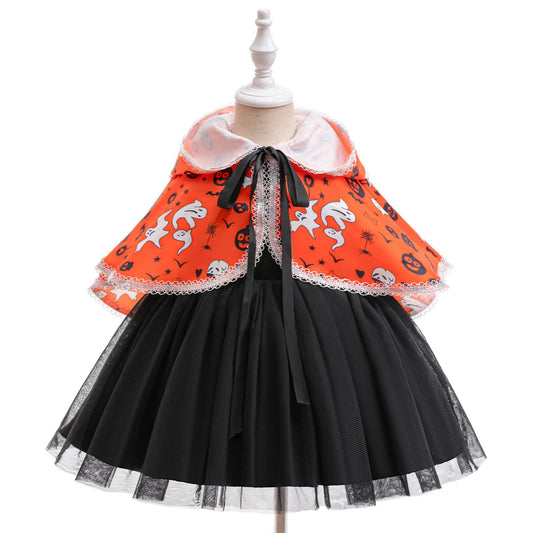 Halloween Dress Girls Princess Dress Tulle Puffy Dress with Shawl Set