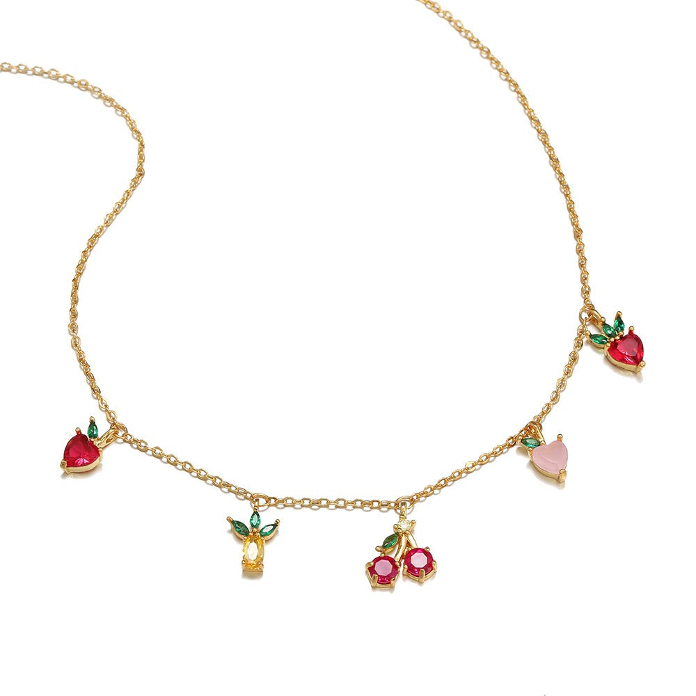 Jewelry INS Hot Color Zircon Necklace Cherry Honey Peach Tropical Fruit Collar Chain Necklace Girl