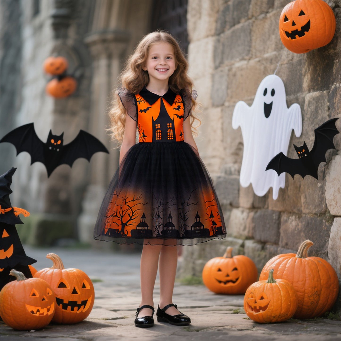 Girls' Halloween Cosplay Printed Dress Tulle Puff Dress