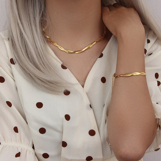 18K Gold Plated Waterproof Braided New Herringbone Chain Necklace Bracelets Set Wholesale Stainless Steel Jewelry For Women