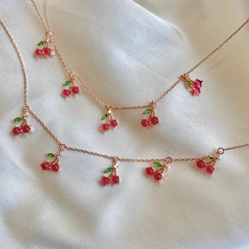 Jewelry INS Hot Color Zircon Necklace Cherry Honey Peach Tropical Fruit Collar Chain Necklace Girl
