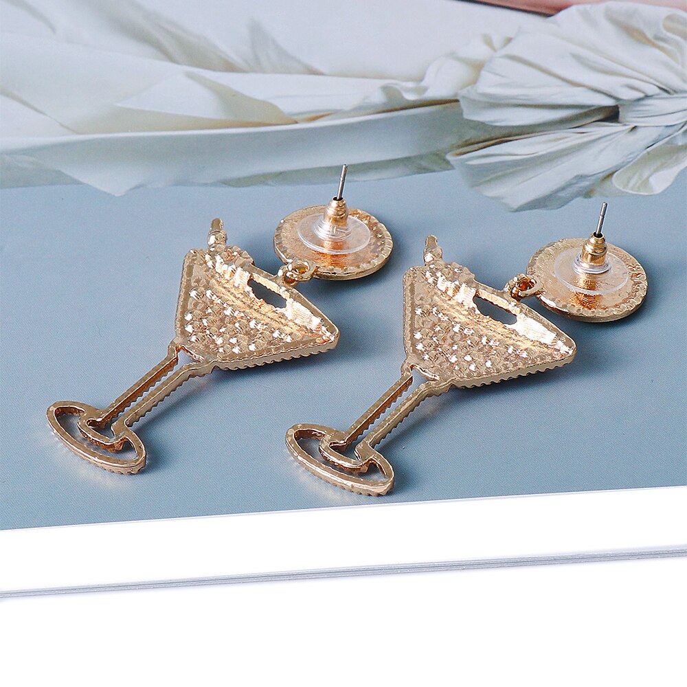 New Lemon Wine Glass Inlaid Pearl Earrings Simple Fashion Cocktail Rhinestone Earrings Jewelry Accessories for Women Trend