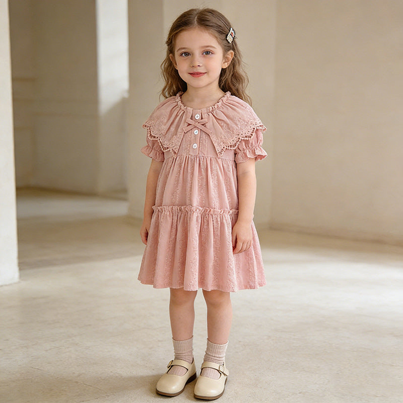 Girls' dress with lace doll collar and short sleeves