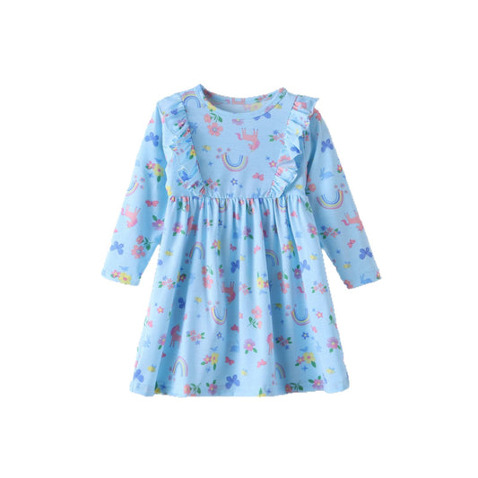 Cute Unicorn Print Long Sleeve Dress for Girls