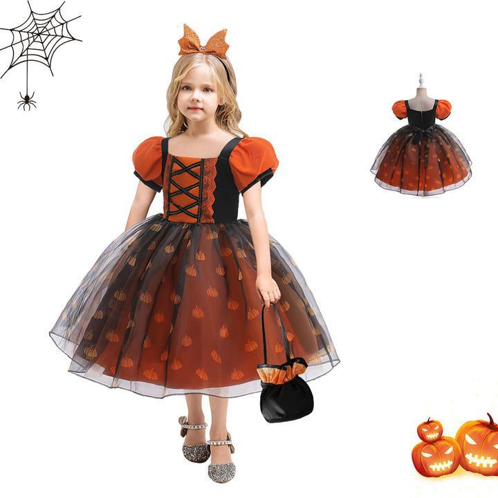 Halloween Costume for Girls Cosplay Performance Dress with Puff Sleeves and Tulle Skirt
