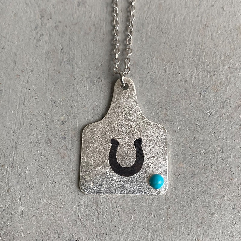 European and American Jewelry Western Denim Necklace Vintage Engraved Cactus Cow Head Horse Hoof Turquoise Necklace Wild
