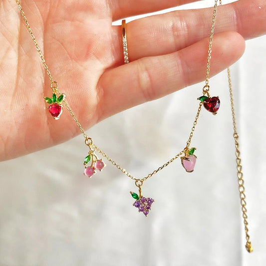Jewelry INS Hot Color Zircon Necklace Cherry Honey Peach Tropical Fruit Collar Chain Necklace Girl