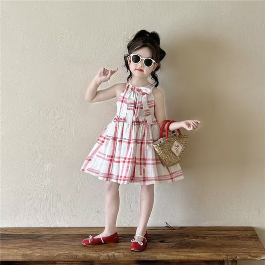 Cute Checkered Strapless Princess Dress for Girls Summer Casual Dress