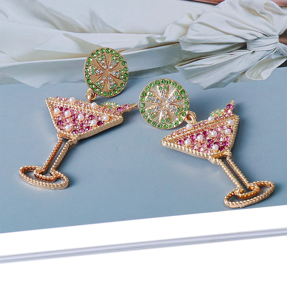 New Lemon Wine Glass Inlaid Pearl Earrings Simple Fashion Cocktail Rhinestone Earrings Jewelry Accessories for Women Trend