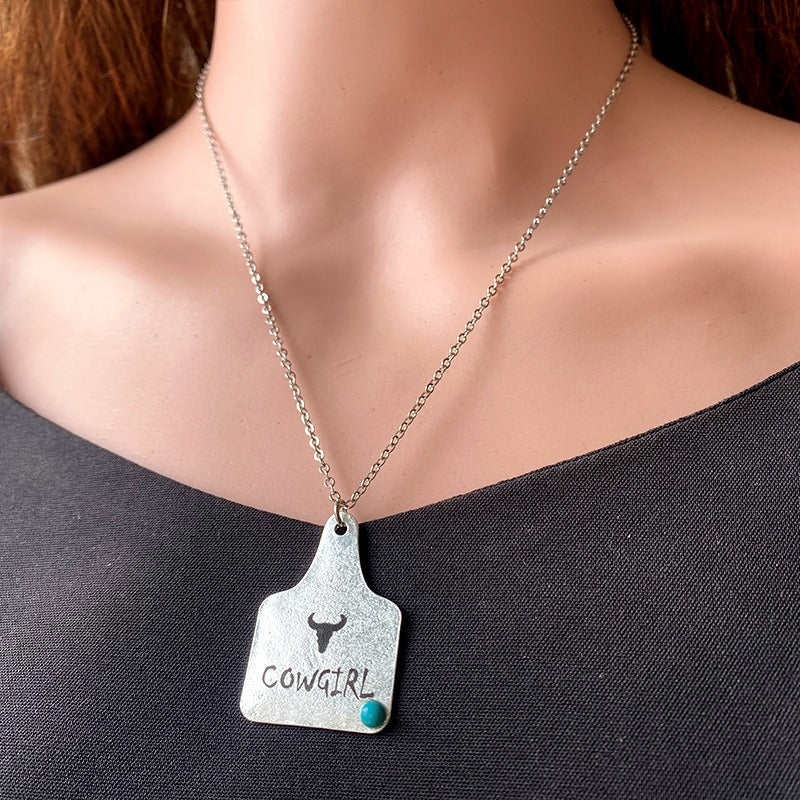 European and American Jewelry Western Denim Necklace Vintage Engraved Cactus Cow Head Horse Hoof Turquoise Necklace Wild