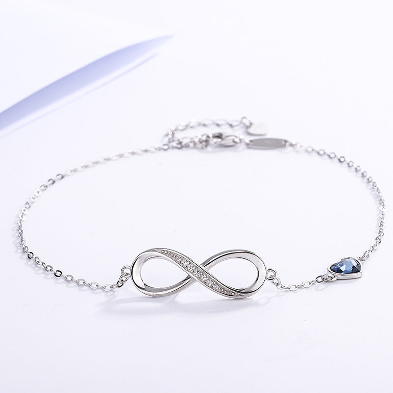 S925 Sterling Silver European and American Style 8 Character Infinity Bracelet Heart Shaped Crystal Stone Jewelry