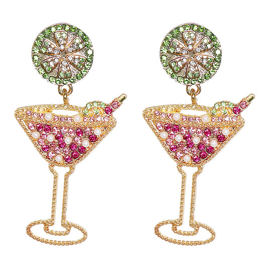 New Lemon Wine Glass Inlaid Pearl Earrings Simple Fashion Cocktail Rhinestone Earrings Jewelry Accessories for Women Trend