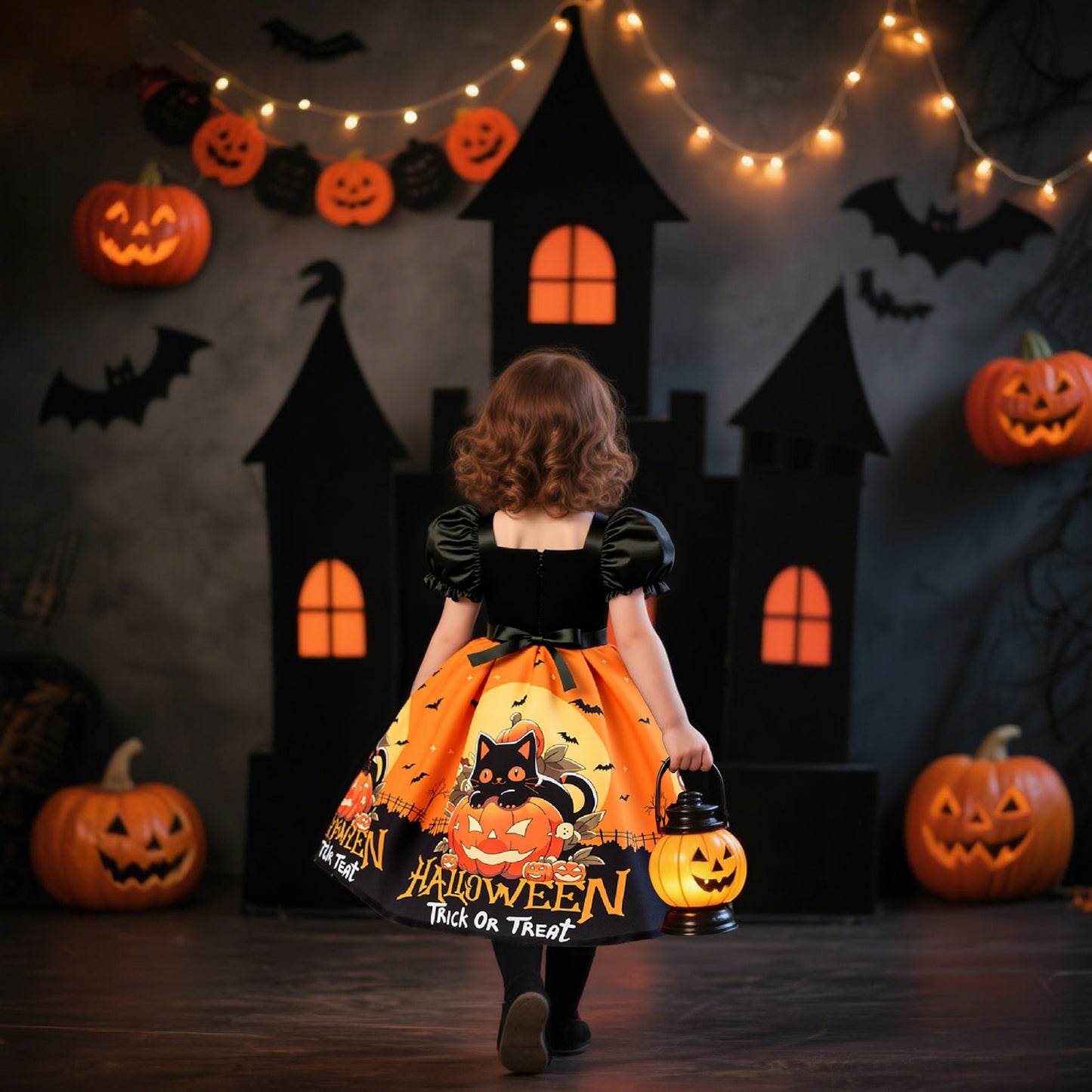 Fancy Halloween Girls' Dress Satin Printed Children's Dress