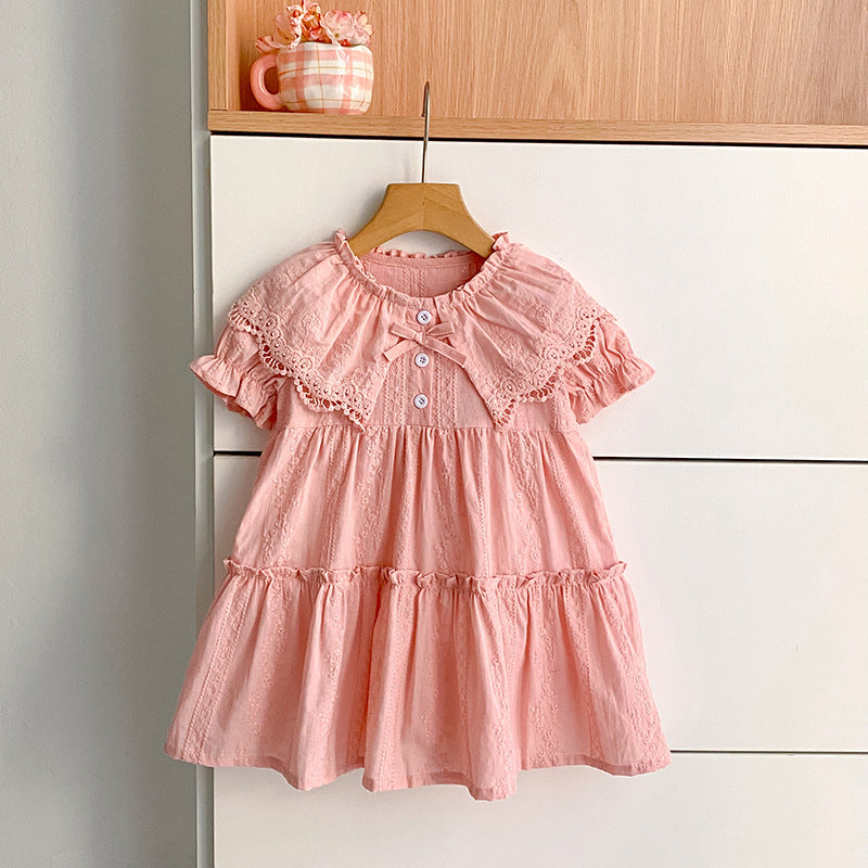 Girls' dress with lace doll collar and short sleeves