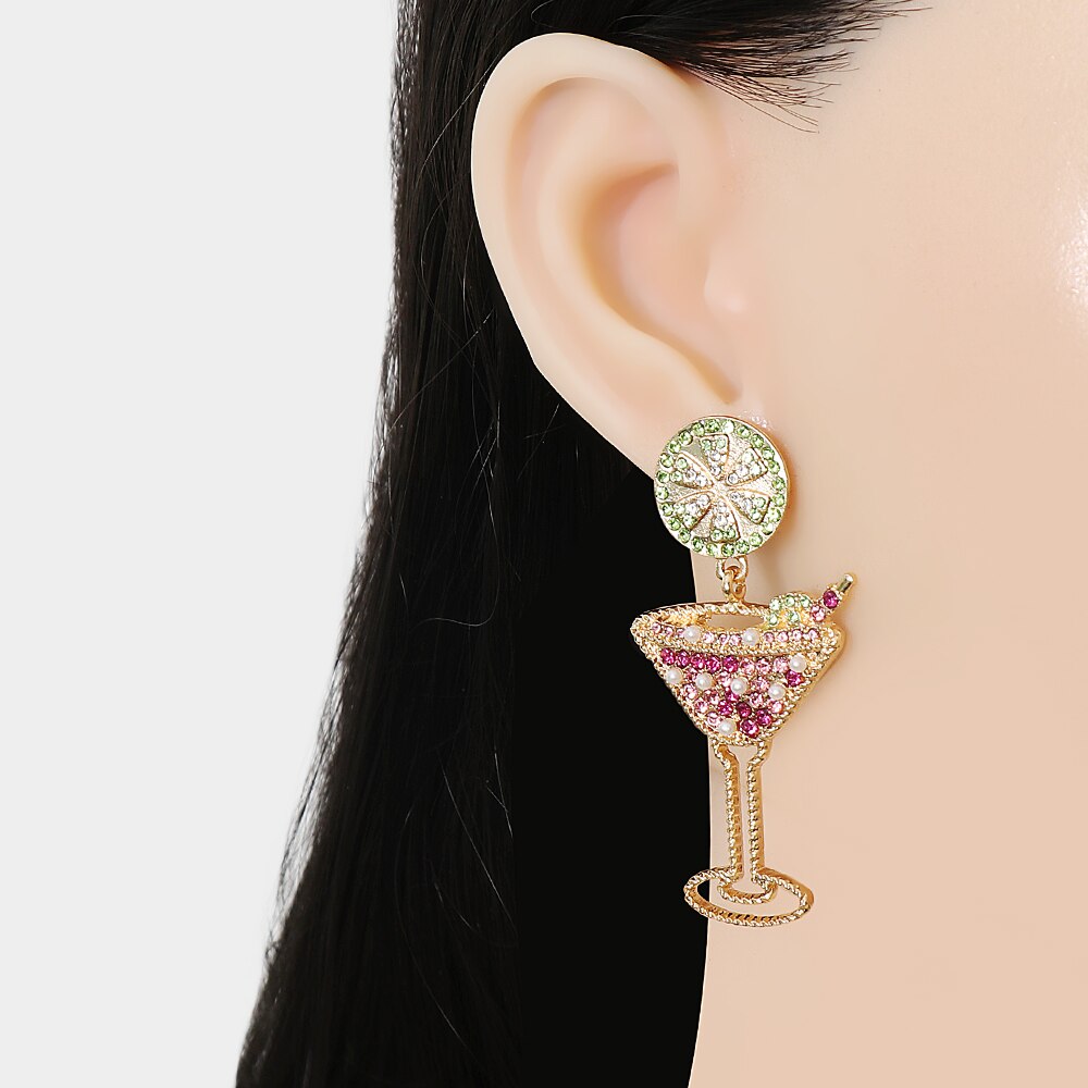 New Lemon Wine Glass Inlaid Pearl Earrings Simple Fashion Cocktail Rhinestone Earrings Jewelry Accessories for Women Trend
