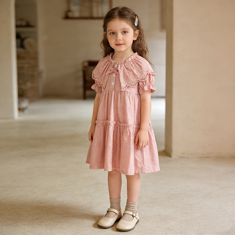 Girls' dress with lace doll collar and short sleeves