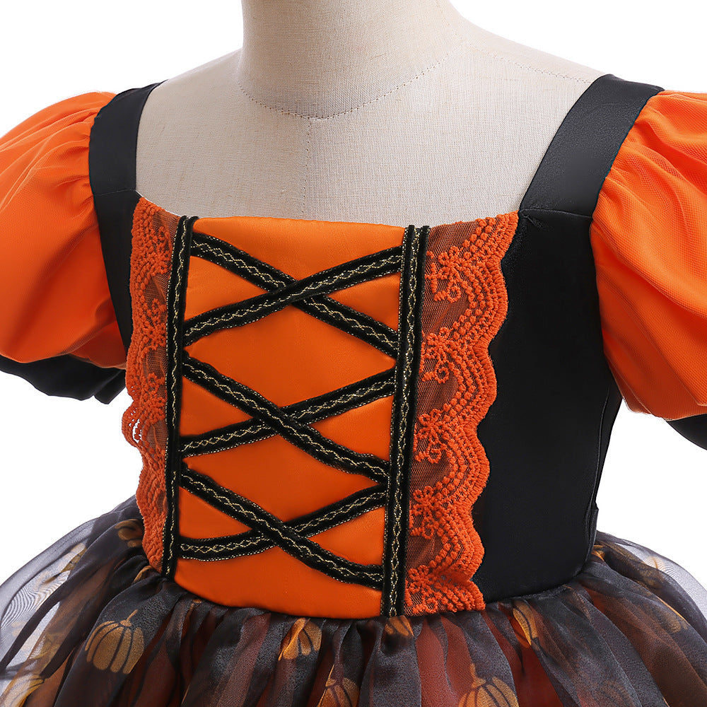 Halloween Costume for Girls Cosplay Performance Dress with Puff Sleeves and Tulle Skirt