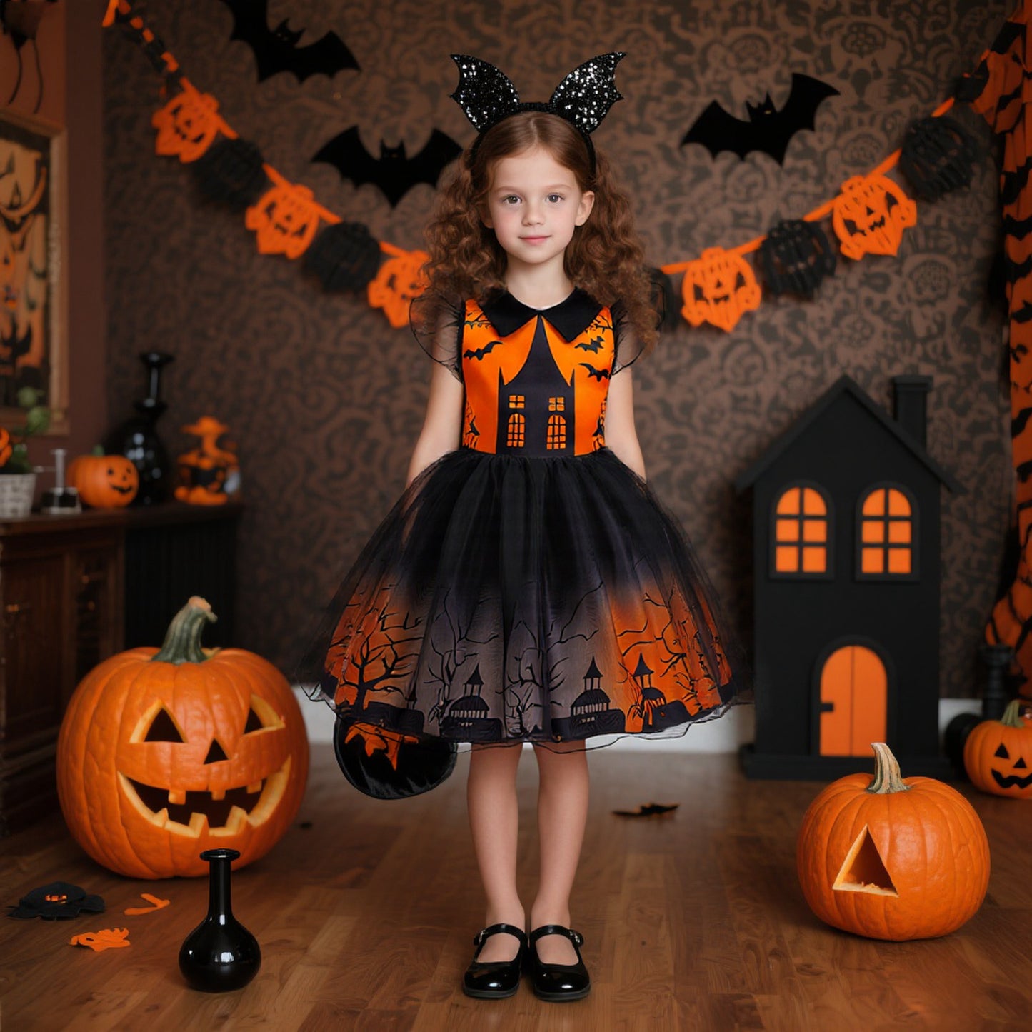 Girls' Halloween Cosplay Printed Dress Tulle Puff Dress