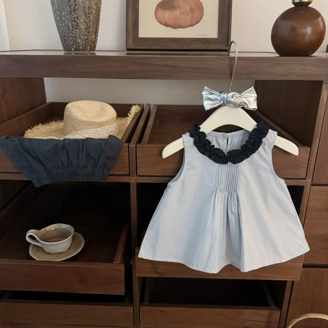 Cotton Lace Trim Sleeveless Top and Shorts Cheongsam Set for Girls