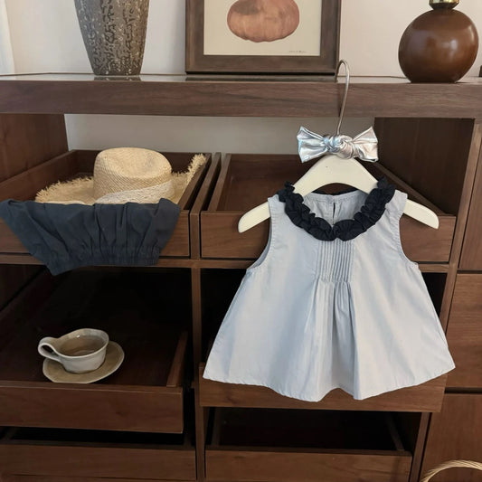 Cotton Lace Trim Sleeveless Top and Shorts Cheongsam Set for Girls