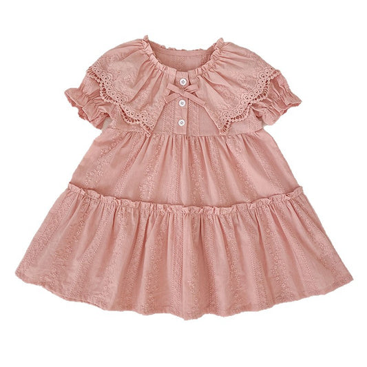 Girls' dress with lace doll collar and short sleeves