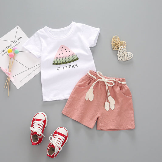 Girls Summer Short Sleeve Suit New Korean Version Girls T-Shirt Shorts Baby Two-Piece