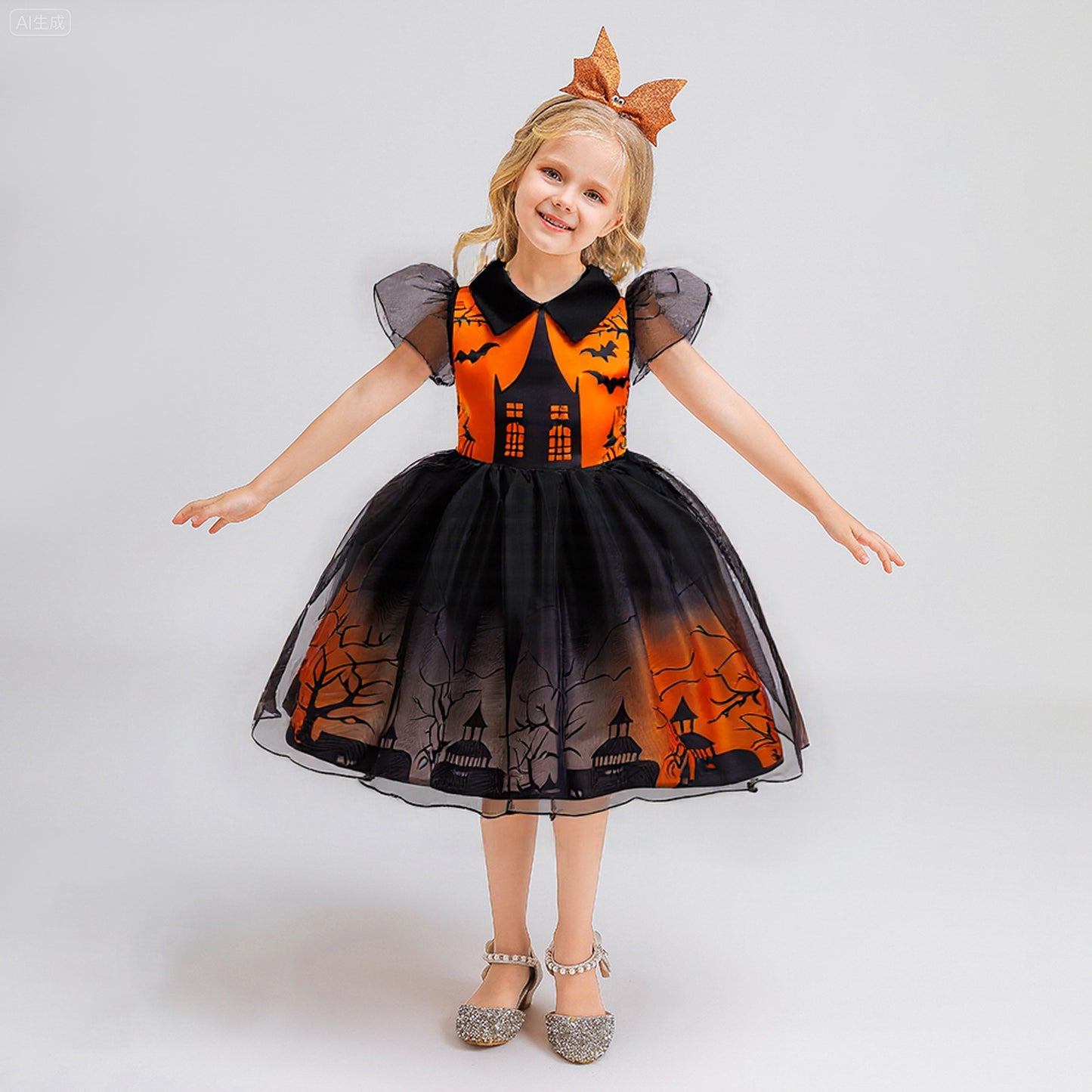 Girls' Halloween Cosplay Printed Dress Tulle Puff Dress