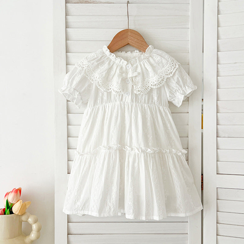 Girls' dress with lace doll collar and short sleeves