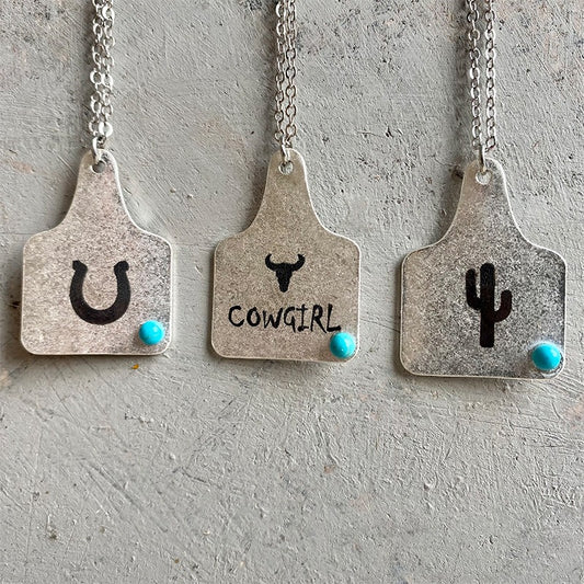 European and American Jewelry Western Denim Necklace Vintage Engraved Cactus Cow Head Horse Hoof Turquoise Necklace Wild