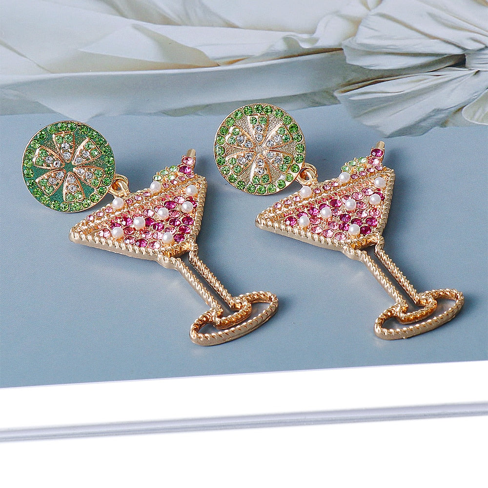 New Lemon Wine Glass Inlaid Pearl Earrings Simple Fashion Cocktail Rhinestone Earrings Jewelry Accessories for Women Trend