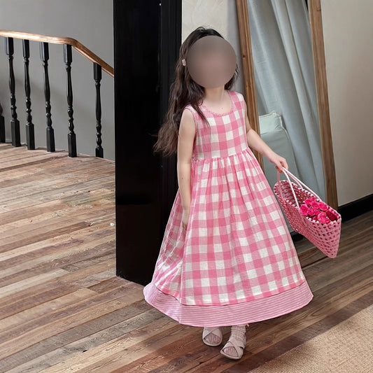 Cute Girls' Summer Casual Pink Checkered Sleeveless Vest