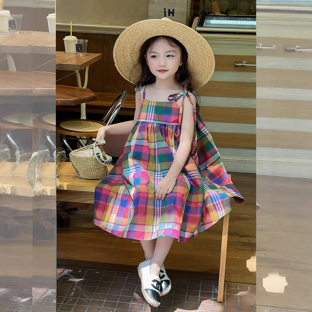 Cute Girls' Dress Summer New  Colorful Strap Checkered Princess Dress