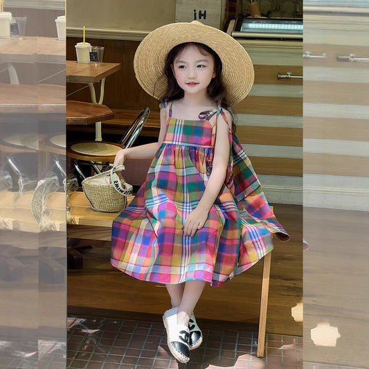 Cute Girls' Dress Summer New  Colorful Strap Checkered Princess Dress