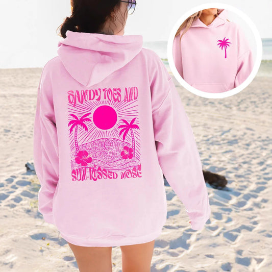 Palm Print Hoodie with Purple Bauhinia for Girls' Beach Long Sleeve Dress