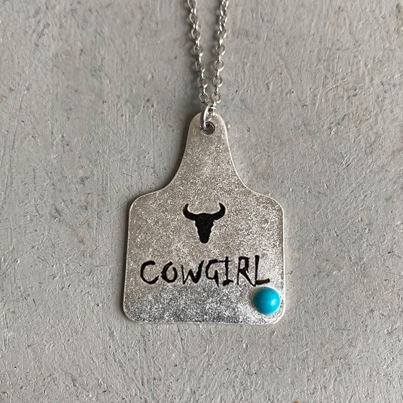 European and American Jewelry Western Denim Necklace Vintage Engraved Cactus Cow Head Horse Hoof Turquoise Necklace Wild