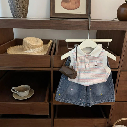 Vest Cheongsam Jeans Set for Girls Outfit