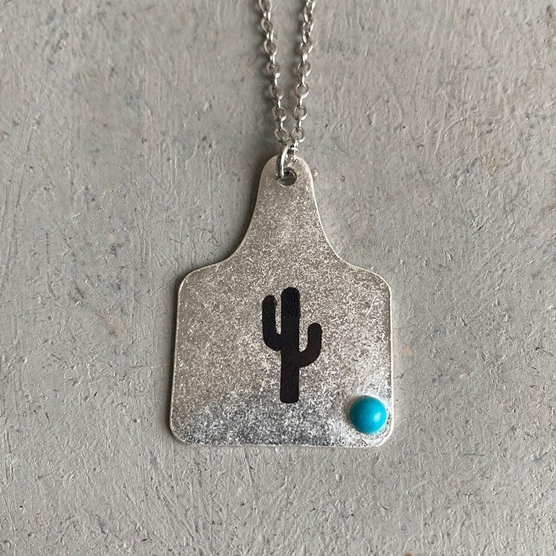 European and American Jewelry Western Denim Necklace Vintage Engraved Cactus Cow Head Horse Hoof Turquoise Necklace Wild