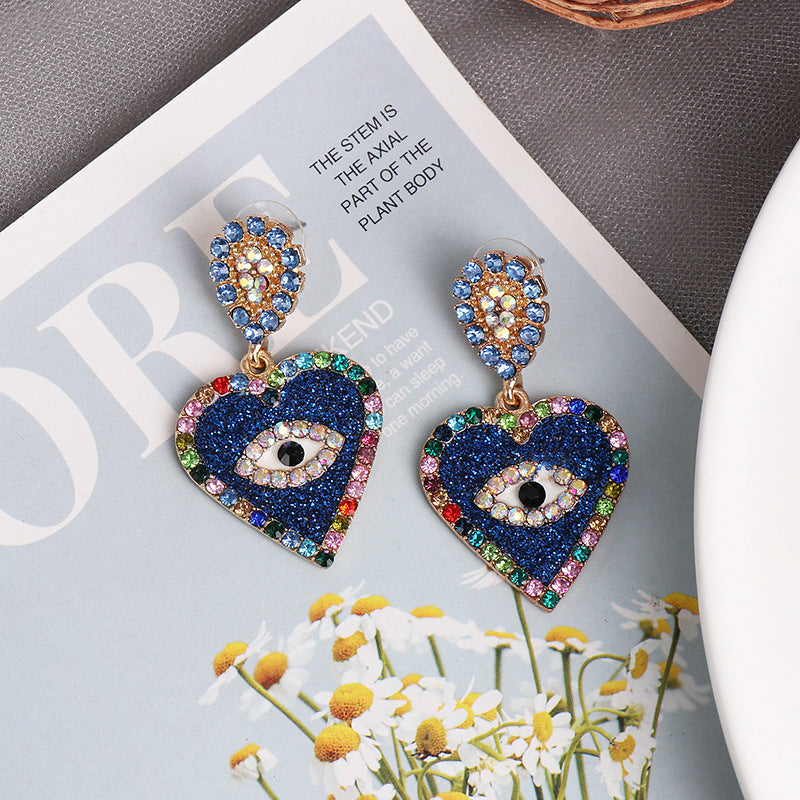 New Jewelry Fashion Temperament Heart-Shaped Stud Earrings Creative Diamond Gemstone Eye Earrings